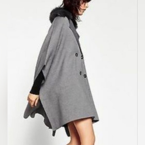 ZARA Coat Jacket Fur Collar Knit Cape Poncho Faux Coat Jacket - Picture 2 of 8